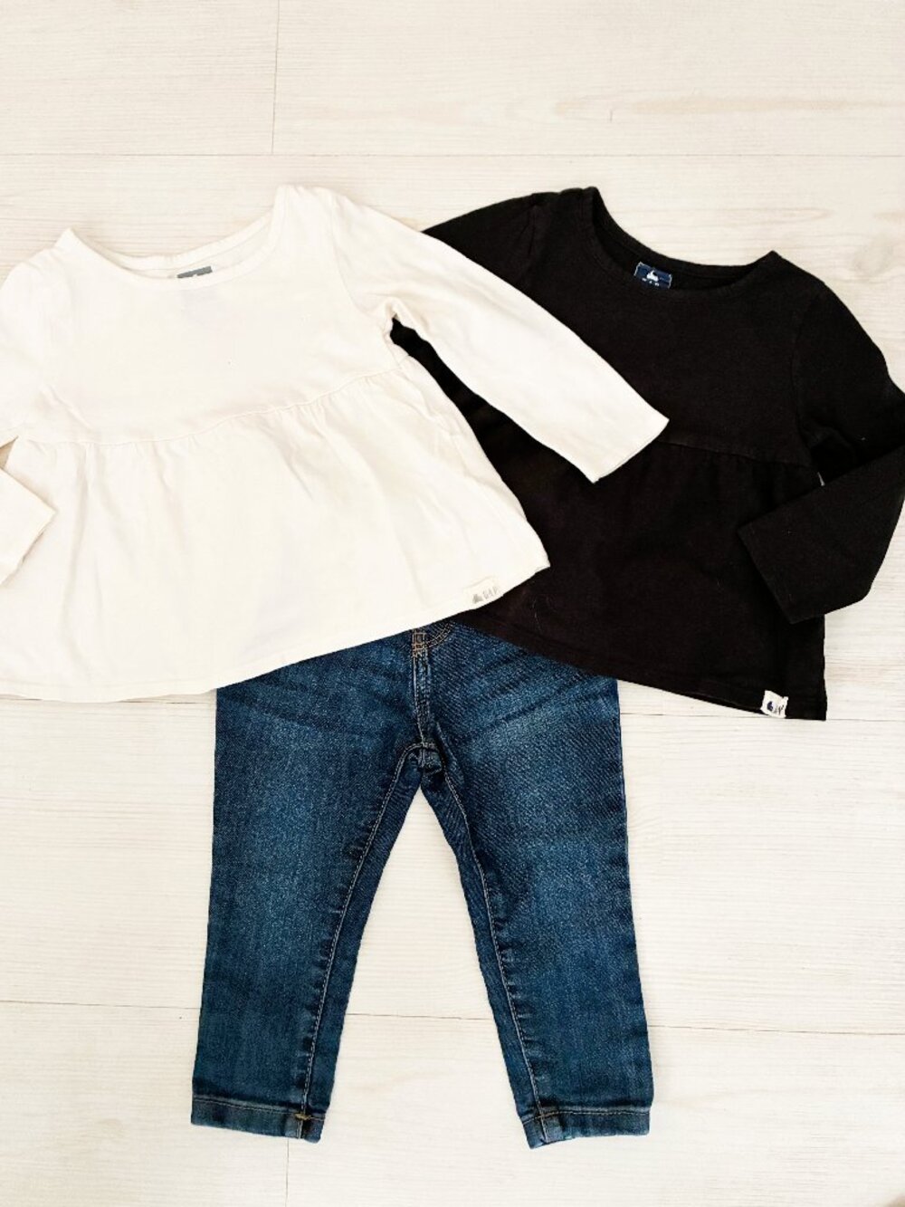 Bundle Oshkosh Toddler Girls Jeans and Baby Gap LS Tops Cream & Black Size 18